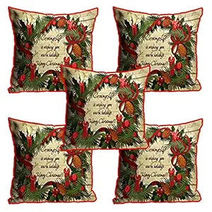 DreamVio Jute Exclusive Merry Christmas Decorative Throw/Pillow Covers, Cushion Covers for Gifting, Living Room, Bed Room, Sofa,Chairs Pack/Set of 5 (Multicolour, Size 16 x 16 Inches)