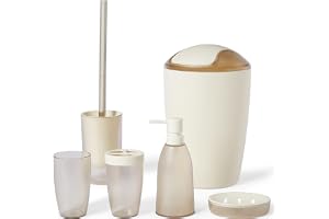 Amazon Basics badrumsset med tandborsthållare, tvålpump, tvålfat, mugg, papperskorg, toalettborste och hållare, elfenbensfärg