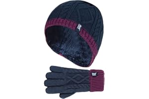 HEAT HOLDERS - Kids Girls Cute Cable Knitted Warm Fleece Lined Pompom Winter Hat and Gloves Set with Bobble