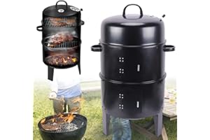YISSALE Fumoir 3 en 1 pour barbecue au charbon de bois, avec thermomètre, fumoir avec couvercle, noir
