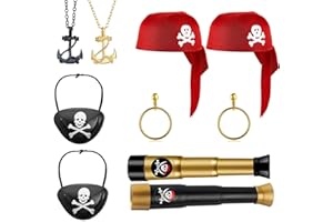 SIEBOLD 10 Pezzi Accessori Costume Pirata,Accessori Pirata, Bandana da Pirata, Includere Benda da Pirata,Telescopio,Orecchini, Collana,per Accessori Pirata Bambino Cosplay Costume Feste a Tema