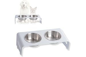 PETLINUS Comedero Gato Elevado Doble - Comedero Elevado Gato o Perros pequeños, Comedero Perro Elevado con Base en Metal y Dos Cuencos en Acero Inoxidable, Cap: 2x320 ml. - Blanco - Inclinado 15º