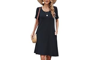 Bequemer Laden Damen Casual Sommer Tshirt Kleid Locker Rundhals Kurzarm Midi Kleider Knielang Elegant Sommerkleid Strandkleid mit Taschen