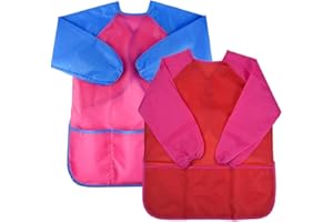 NATUCE 2 Stück Malschürze Kinder, Wasserdicht Kinder Malkittel 3-7 Jahre Mädchen/Junge, Bastelschürze Kinder mit Ärmeln und 3 Taschen für Schule Kunst Malerei, Kochen, Essen,Laboraktivität