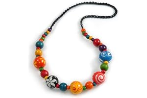 Avalaya Multicoloured Wood Bead Black Cotton Cord Necklace - 66cm Long