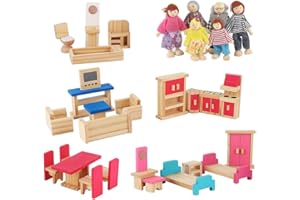 DAJASD Puppenhaus Puppenfamilie Set, Puppenhaus Möbel Zubehör, 31PCS Puppenhaus Zubehör, Puppenhaus Möbel Holz mit 6 Puppen, Puppenhaus Puppenfamilie Set für Puppenhaus Lebensszene Dekor