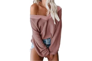 Lalala Strickpullover Damen V Ausschnitt Oversize Pullover Schulterfrei Langarmshirt Tunika Lockere Oberteile Tops
