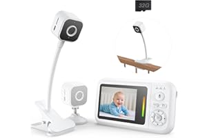 NUOTUN Babyphone mit Kamera Ohne Wlan, 1080P Baby Kamera Monitor mit Halterung & Bettclip, Nachtsicht, 2-Wege Audio, Weinen-Erkennung, 32G Karte, Einfach zu Installierende, Baby Erstausstattung Neugeborene