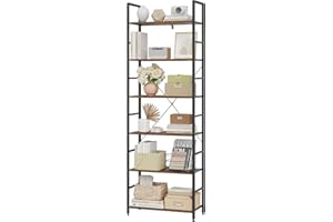 eSituro Stojący, regał łazienkowy, regał kuchenny, regał na książki, regał drabinowy, regał schodkowy, nowoczesny styl, 6 półek, czarny + orzech, metal + płyta MDF, 60 x 27,5 x 180 cm