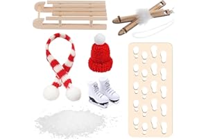 SHENGRUILI Wichtel Schlitten Set,Wichtel Zubehör,Wichteltür Zubehör Weihnachten,Mini Kleidung Weihnachts,Ski Schlitten Schlittschuhe Mütze Schals Handschuhe,Holzschlitten zum Basteln Weihnachten
