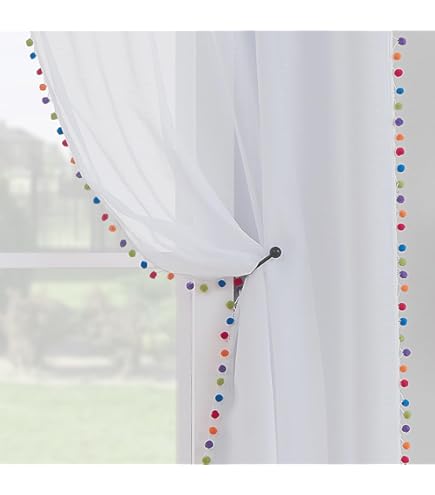 Boho regenboog doorschijnend gordijn met kleurrijke pompom-voile