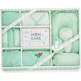 MOM CARE Newborn Baby Gift Set (11 Pieces) | 100% Cotton Baby Clothing Set | 0–3 Months | Baby Shower & Welcome Gift Box Gree