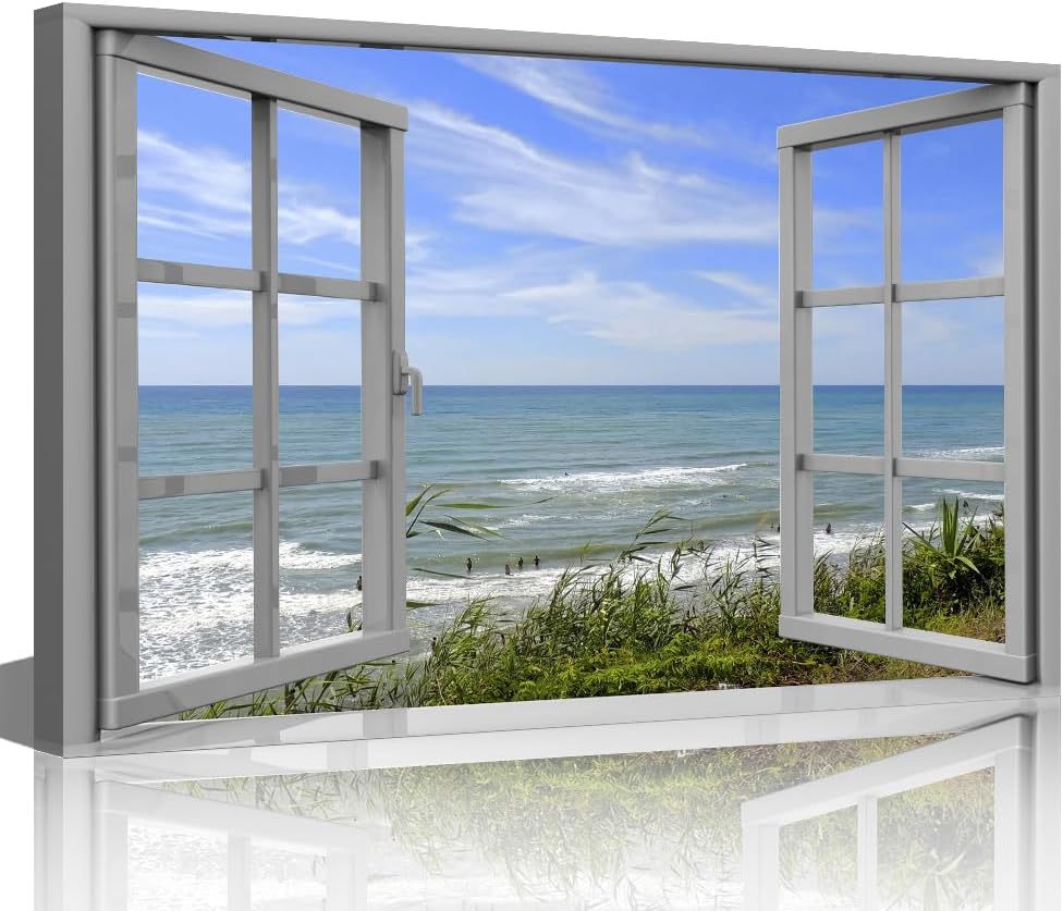TISHIRON Canvas Wall Art 3D Window View Summertime Art Beach Seaside Picture for Home Office Bathroom Bedroom Stretched Giclee Framed Print Ready to Hang 16x24inch