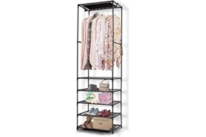 XJYMCOM Clothe Rail Clothing Rack Heavy Duty 177*55*36cm Freestanding Garment Rack with 5-Tier Storage Shelves Shoe Rack Wardrobe Display Stand Closet Organizer for Bedroom Black
