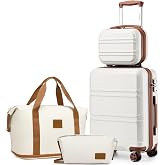 Kono Travel Suitcase Set 4 Pieces (12"+20"), with Cabin and Bag, Cream | ABS+PC Lightweight, Anti-scratch, Rigid Toiletry Bag
