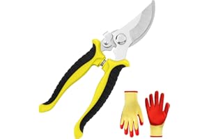 OFFCUP Garden Secateurs, Florist Scissors, Bypass Pruning Shears Professional Secateurs Pruning Scissors Snips with Gloves, Trimmer, Clippers with Locking Handle, Gardening Gifts for Men (Yellow)