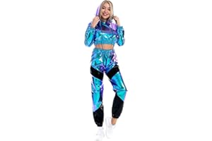 IMEKIS Tuta da donna lucida metallizzata da jogging, tuta sportiva a maniche lunghe, con cappuccio e pantaloni cargo, 2 pezzi, per la casa, per la discoteca, per la danza