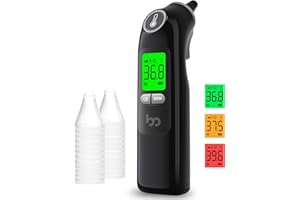 FEMOMETER FAMILY Termómetro de oído para bebé y adulto, termómetro digital infrarrojo, con 24 tapas protectoras desechables (negro)