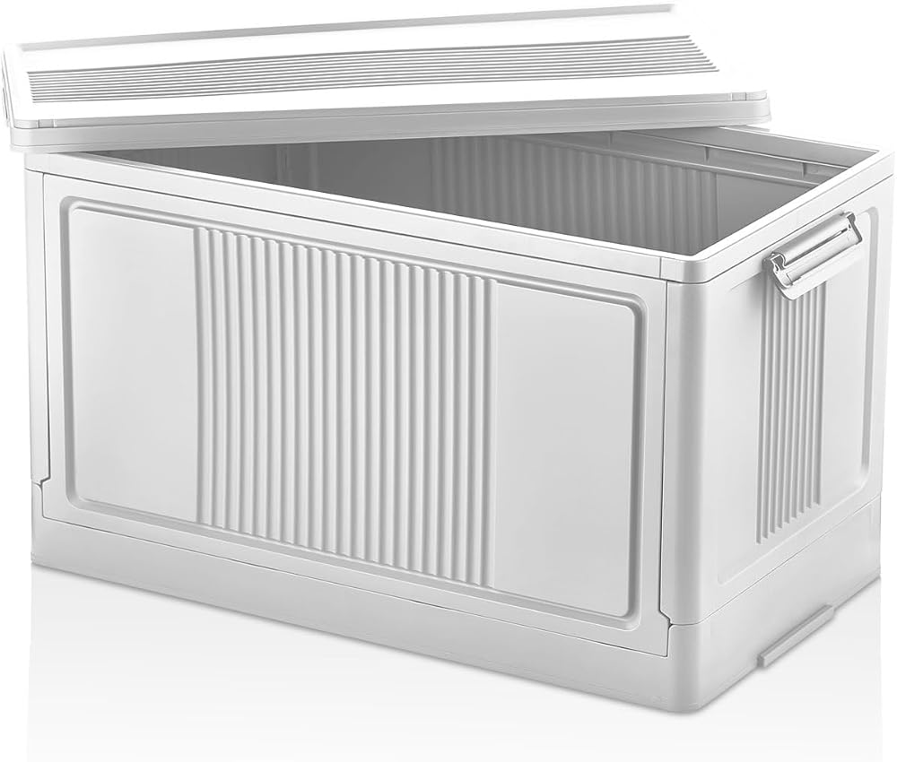Deconox Dev Boy Katlanır Kilit Kapaklı Kasa 55 Litre Hacimli, Yer Kaplamayan Portatif Saklama Kutusu Ardiye, Balkon, Mutfak, Kiler, Bahçe ve Araç Bagajı İçin Güvenli Organizer (BEYAZ)