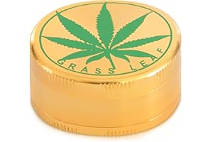 SUNMONDO Grinder Premium 3 pezzi con raschietto per polline | Materiale: acciaio inox | Macinino per erbe aromatiche per spezie e altre piante (Grinder Gold con foglia di vegetale)