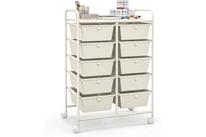 TANGZON 10 Drawers Storage Cart, Rolling Utility Cart with Lockable Wheels, Multipurpose Mobile Organizer Trolley for Home Office Stationery Beauty & Salon (Cream White)
