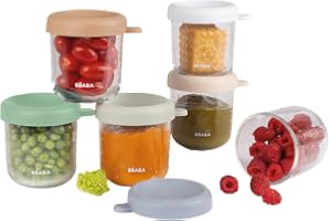 BÉABA, Set med 6 portioner glas, konservering, babymåltider/glas, 100% hermetisk, motståndskraftig mot kall värme, frysning, sterilisering, examen, 250 ml, naturliga färger