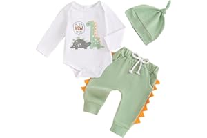 Bufarromio Newborn Baby Boys Fall Winter 3Pcs Outfits Dinosaur Print Long Sleeve Romper Serrated Long Pants Beanie Hat Clothes Set