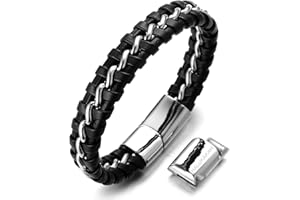 HALUKAKAH Bambini ● Solo Junior ● Bracciale Ragazzo Maschio Vera Pelle Cuoio Nero 6-12+3 Anni Catena Titanio Acciaio Argento Chiusura Magnetica Taglia Regolabile 18-19.5cm con Pacco Regalo Gratuita