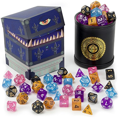 Wiz DiceCup of Wonder: 5 Sets of 7 Premium Glitter Polyhedral Role Playing Gaming Dice for Tabletop RPGs with Black Bicast Leather Dice Cup by