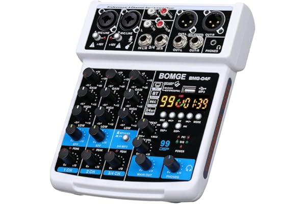 BOMGE -04F Table de mixage audio DJ 4 canaux avec MP3/USB Bluetooth,/48V/99 effets DSP pour la diffusion en direct