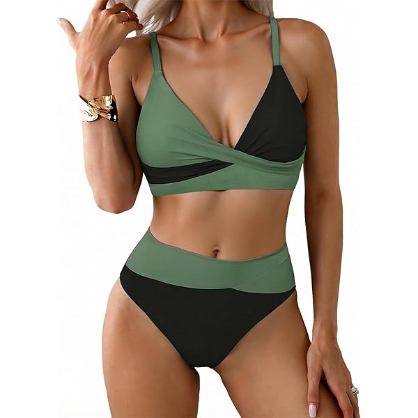 CUPSHE Bikinisets voor dames, tweedelig badpak, ronde hals, tank, brede bandjes, midkini-stiksels, Bruin/Wit, XS