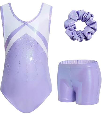 JiAmy Turnpakjes voor meisjes, sprankelende gymnastiek outfits voor meisjes met shorts en haarband gymnastiekset voor kinderen van 3-12 jaar, Zwart iriserend, 5-6 jaar