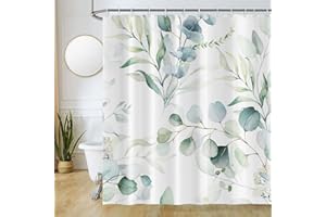 Uiiooazy Tenda Doccia Antimuffa, Tenda da Doccia 180x200cm Foglie Blu Verde Eucalipto Fiori Bianco Tende da Bagno Tessuto Lavabile Impermeabile Polyester Tende per Vasca da Bagno con 12 Anelli