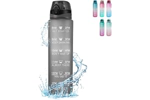 Binudum Butelka na wodę, 1 l, bez BPA, tritan, sportowa butelka na napoje, motywacyjna butelka na wodę ze słomką, szczelna, nietoksyczna, na siłownię, na zewnątrz, na rower, do szkoły i biura