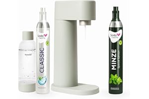 SODATASTE Sparpaket: Mysoda Woody - Wassersprudler aus erneuerbarem Holzkomposit mit 1L BPA-freier Plastikflasche, CO2-Zylinder Classic + CO2-Zylinder Minze (Hellgrün, Pigeon)