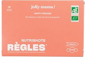Jolly Mama - Complément Alimentaire Bio HAPPY PERIODS - Règles Douloureuses - Cycle Menstruel Confortable - Equilibre Hormonal Humeur Postpartum - Compatible Allaitement - Safran Fenouil - 20 Ampoules