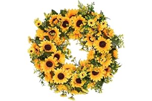 XJKLBYQ Sunflower Wreath,Summer Fall Wreath for Front Door,Wedding Favors,40cm Yellow Sunflower Green Leaves Garland Artificial Flower Wreath for Front Door
