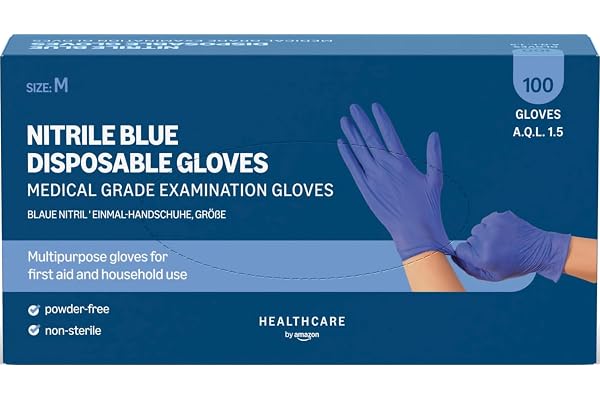 by Amazon Guantes Desechables de Nitrilo Azules, sin Polvo, sin Látex, Talla M, Paquete de 100