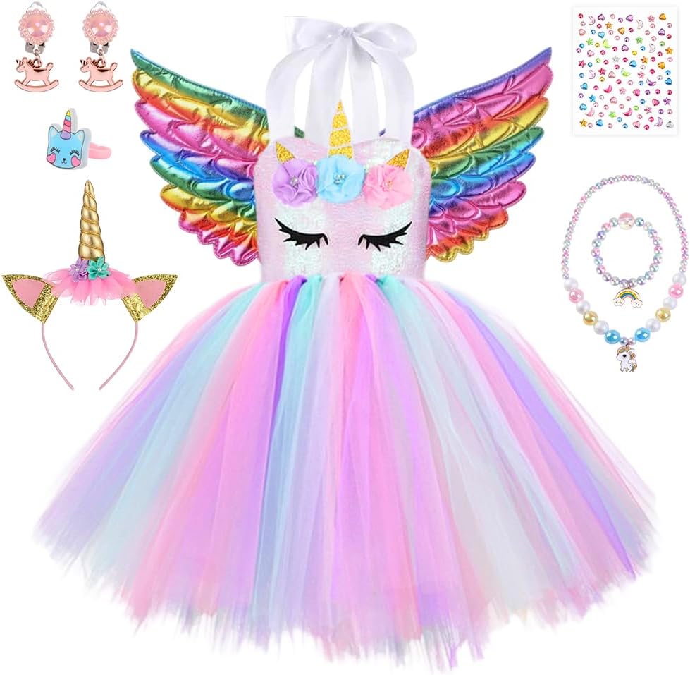 TOLOYE Disfraz Princesa,Vestido Tul Unicornio Infantil con Venda y Collar Set,Disfraz Unicornio Niña para Cumpleaños Fiesta Halloween Navidad Carnaval Cosplay
