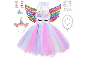 TOSZOLY Vestito Principessa Bambina, Costume Unicorno con Collana Set, Unicorno Abito Tutu Ragazza per Compleanno, Carnevale, Halloween, Natale, Cosplay, Festa a Tema