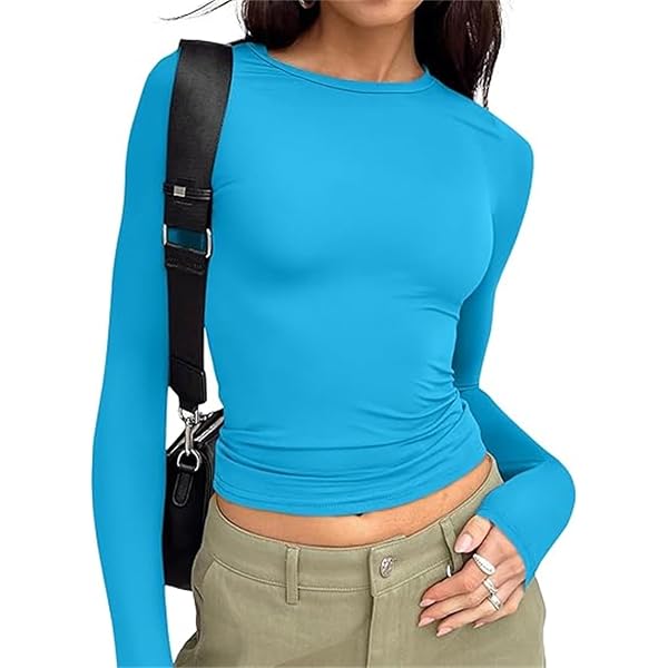 OQQ Camicie da donna a maniche lunghe girocollo increspate elasticizzate basic aderente top, bianco, rosso., S