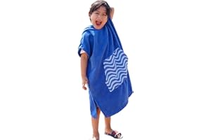 DiaryLook Kids Swimming Changing Robe with Hood, Beach Poncho Towel with Pockets Boys & Girls Quick Dry, Bath Robe Surfing Watersport Blue Stripes 10-13 Years