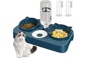 DOEPEBAE Ciotola per gatti 3 in 1, mangiatoi e abbeveratoi per gatti, ciotola per gatti doppia, separazione secca e umida ciotola rialzata per gatti gattini e cani piccoli, con spazzolini da denti (blu)