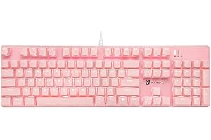 Qisan Mechanical Gaming Keyboard Wired White Backlit Keyboard Blue Switches Full Size 104 Keys US Layout-Pink