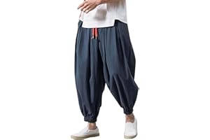 BIISDOST Pantaloni baggy da uomo, in stile harem/giapponese, in cotone e lino, con elastico in vita, pantaloni casual per tempo libero, casa, yoga, lunghi, traspiranti, ampi, disponibili in taglie forti.