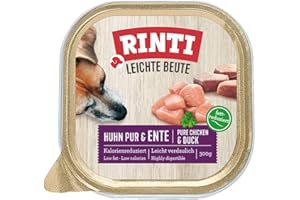 RINTI - Leichte Beute | Kalorienreduziertes Nassfutter mit fettarmem, magerem Fleisch für empfindliche, ausgewachsene Hunde. Alleinfutter in praktischen Schälchen | 9x300g Huhn Pur + Ente
