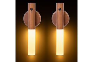 Doraimuni 2PCS Motion Sensor Night Lights, USB Rechargeable Wall Light, Removable Magnetic Wooden Wall Sconce, Cordless Strip Stick Night Lamp for Indoor Hallway Stairway Porch, Brown