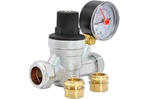 Kudos-Trading - Water Pressure Reducing Regulator Valve for 22mm Compression & 15mm Copper Piping Adjustable 1-6 Bar Brass Adjustable Pressure Reducing Valve with Gauge.