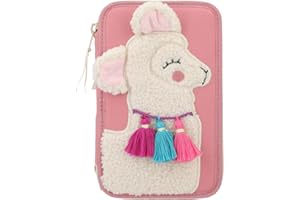 Depesche 12584 TOPModel Cosy-Trousse 3 Compartiments remplie, Motif alpaga avec Fausse Fourrure de Nounours et Glands Multicolores, avec Crayons de Couleur, règle, Ciseaux etc, Small