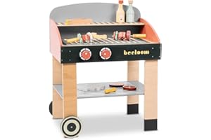 Beeloom - Cocinita infantil de madera natural con accesorios, BABYCUE, cocina juguete portátil para niños, juego simbólico diseño barbacoa estilo minimalista
